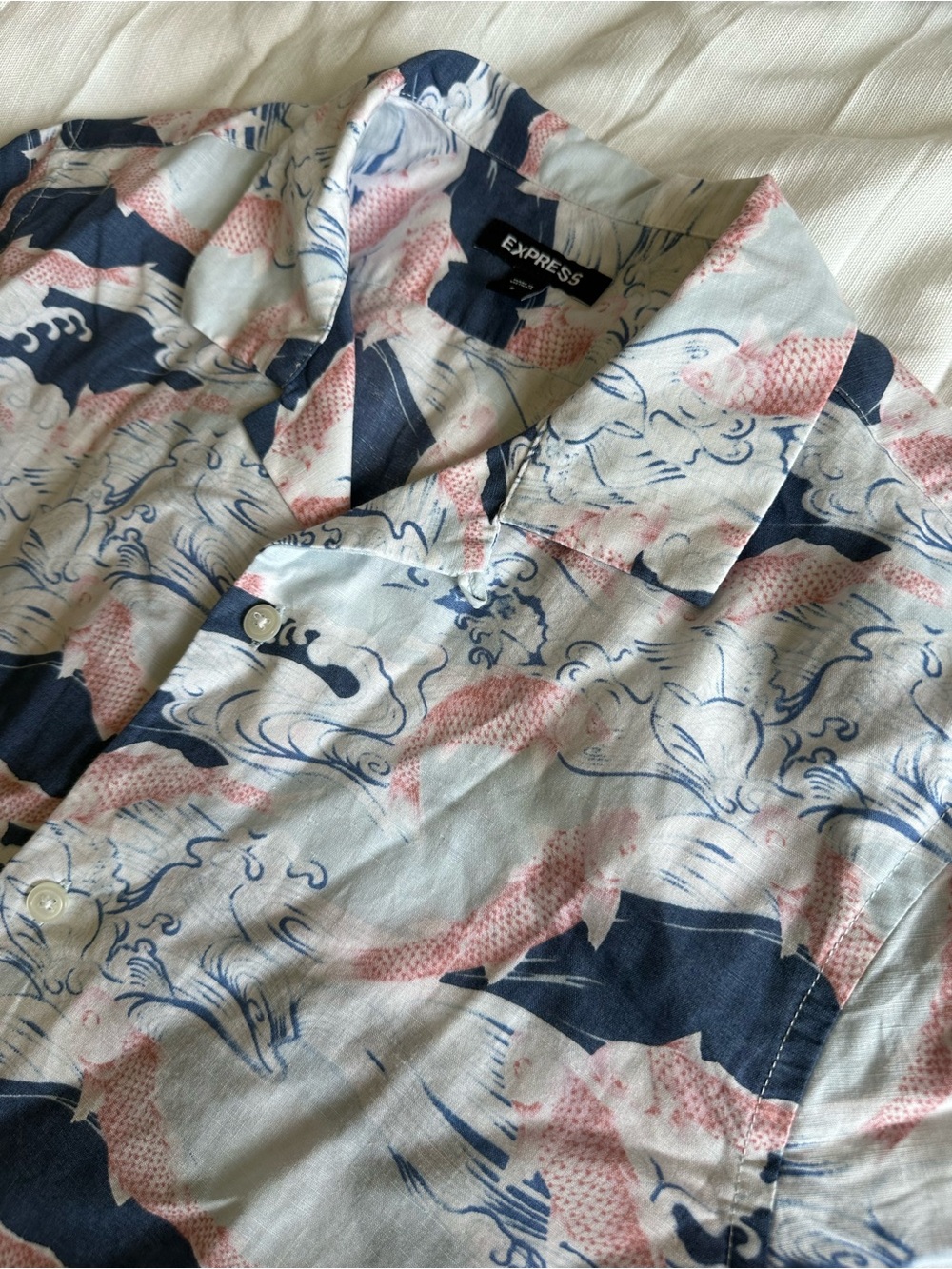Express Short Sleeve Button-Up Shirt in linen cotton koi fish print